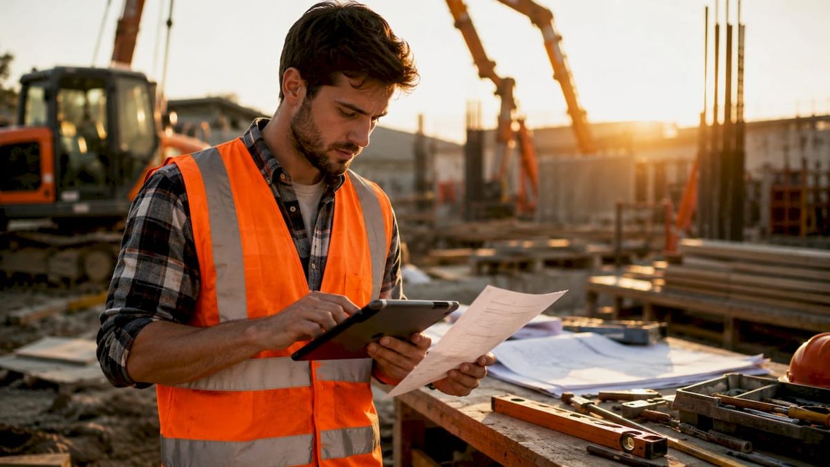 Contractor updating job costing data in office trailer