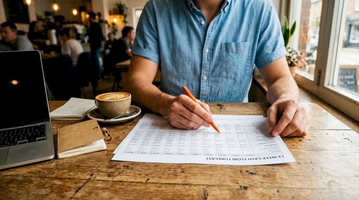 Hands pointing to subcontractor cash flow forecast spreadsheet