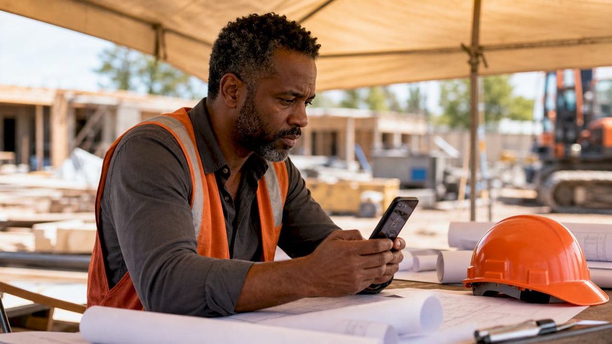 Project manager documenting subcontractor default with smartphone