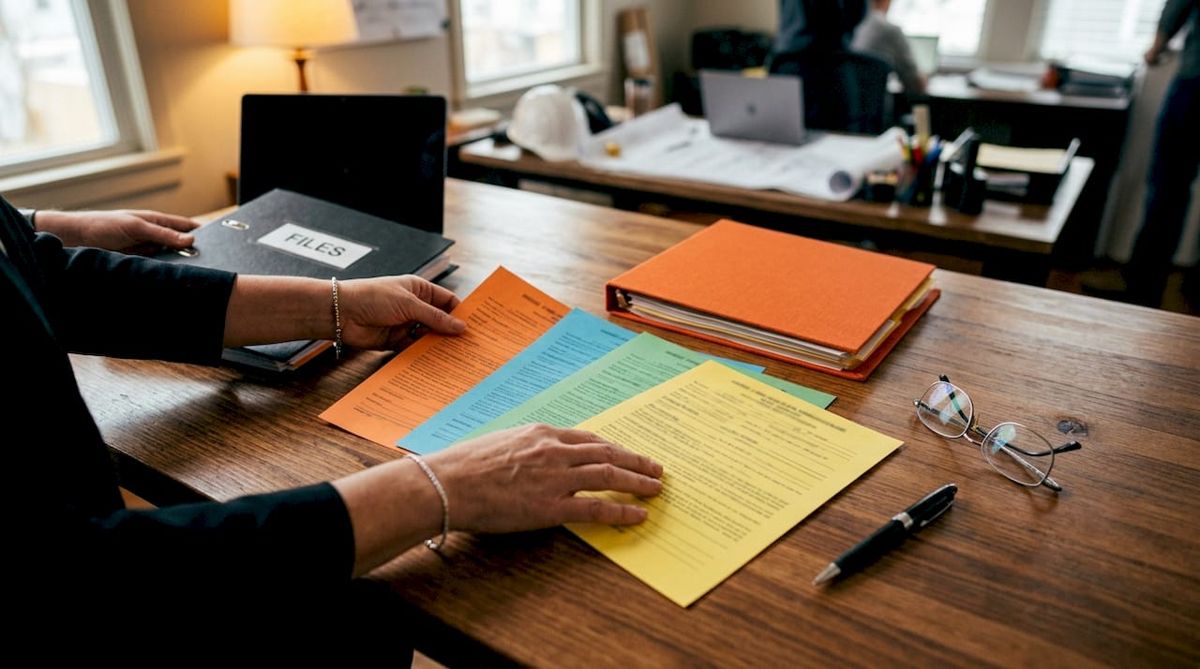 Hands organizing lien waiver documents on desk