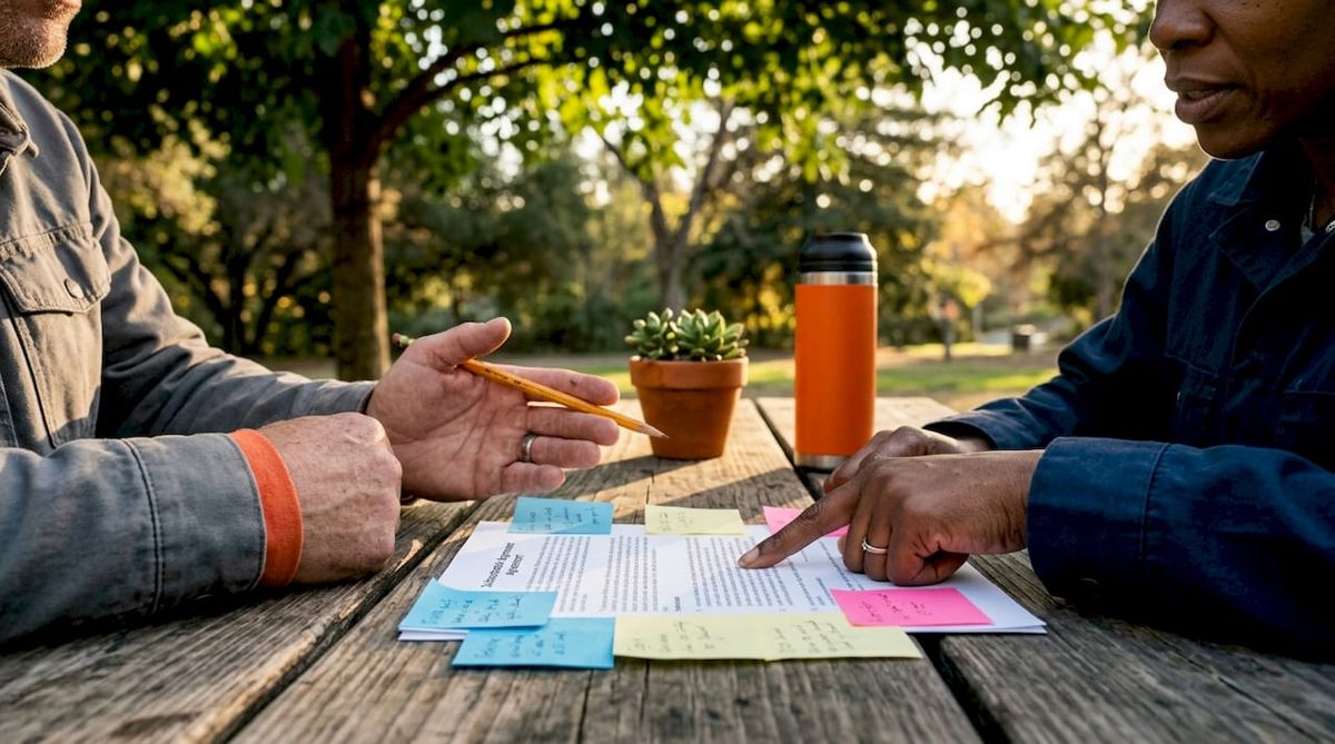 Two contractors discussing subcontractor worker classification outdoors