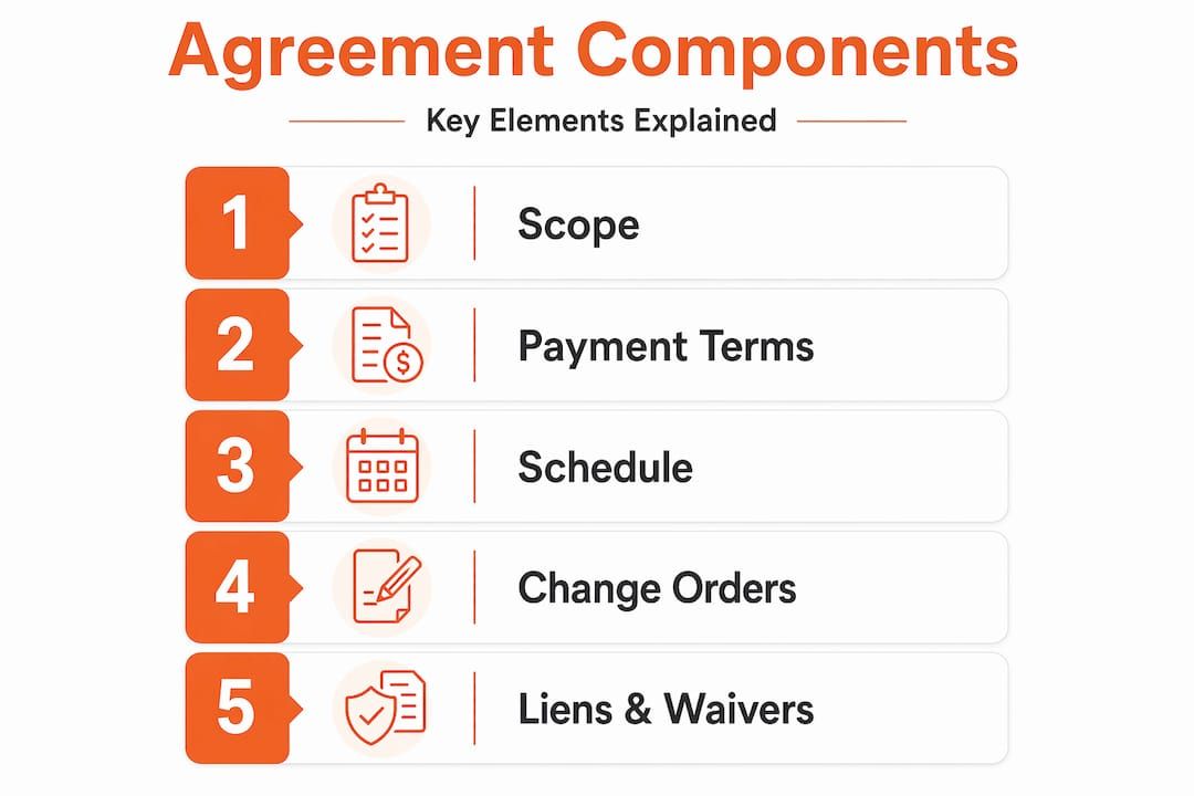 Infographic illustrating key components of subcontractor agreements in steps