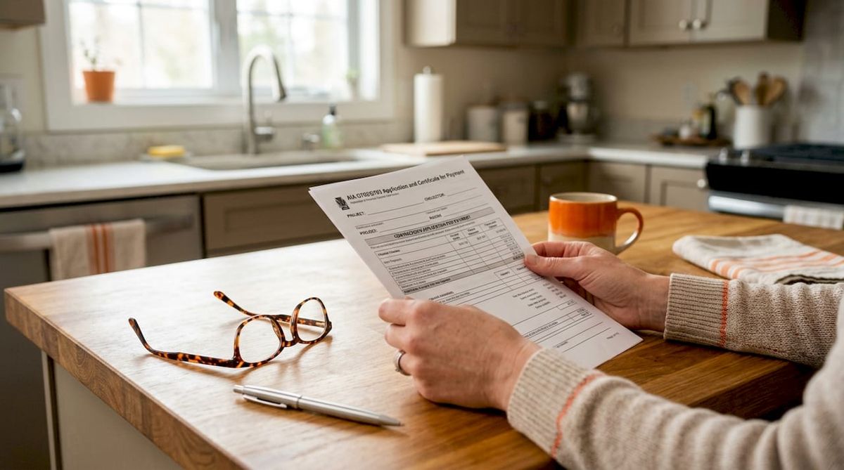 Hands holding AIA G702 pay application document