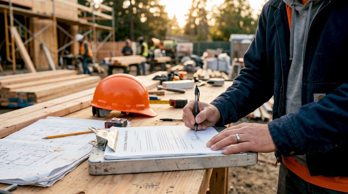 Hands signing conditional waiver on clipboard