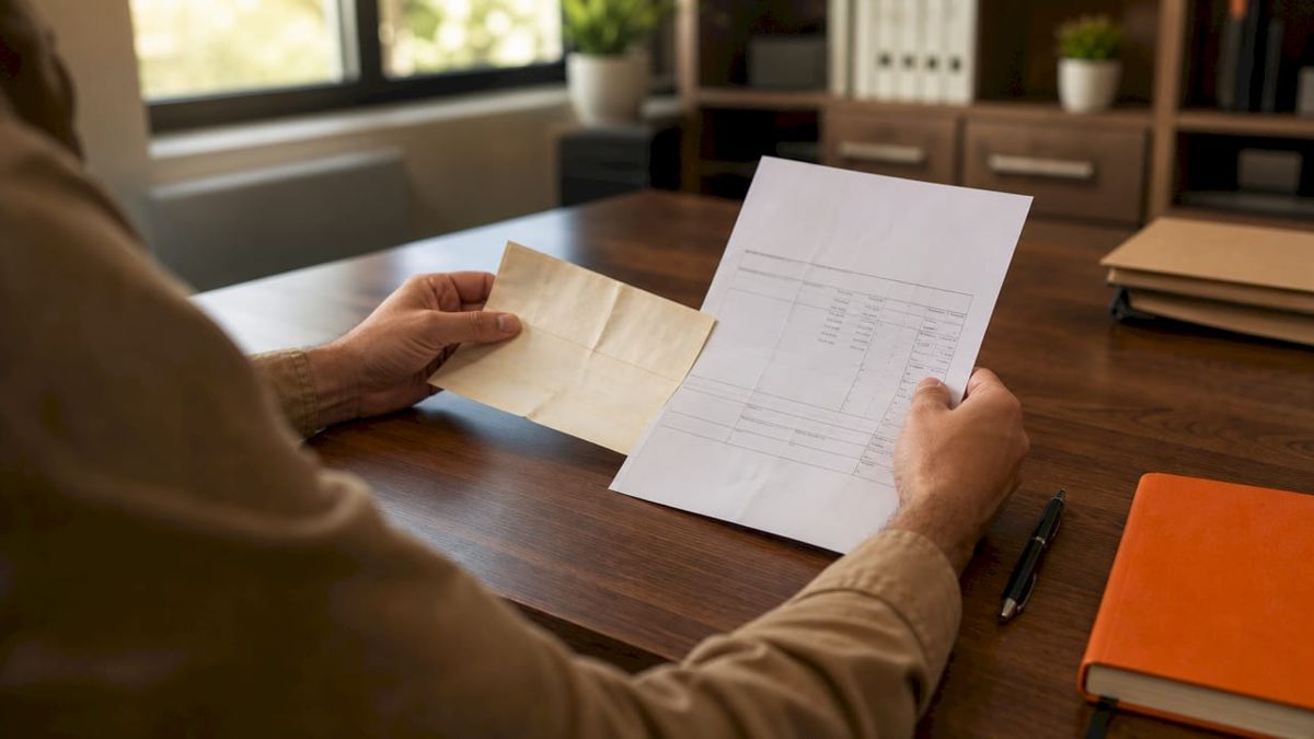 Hands verifying check against invoice through-date