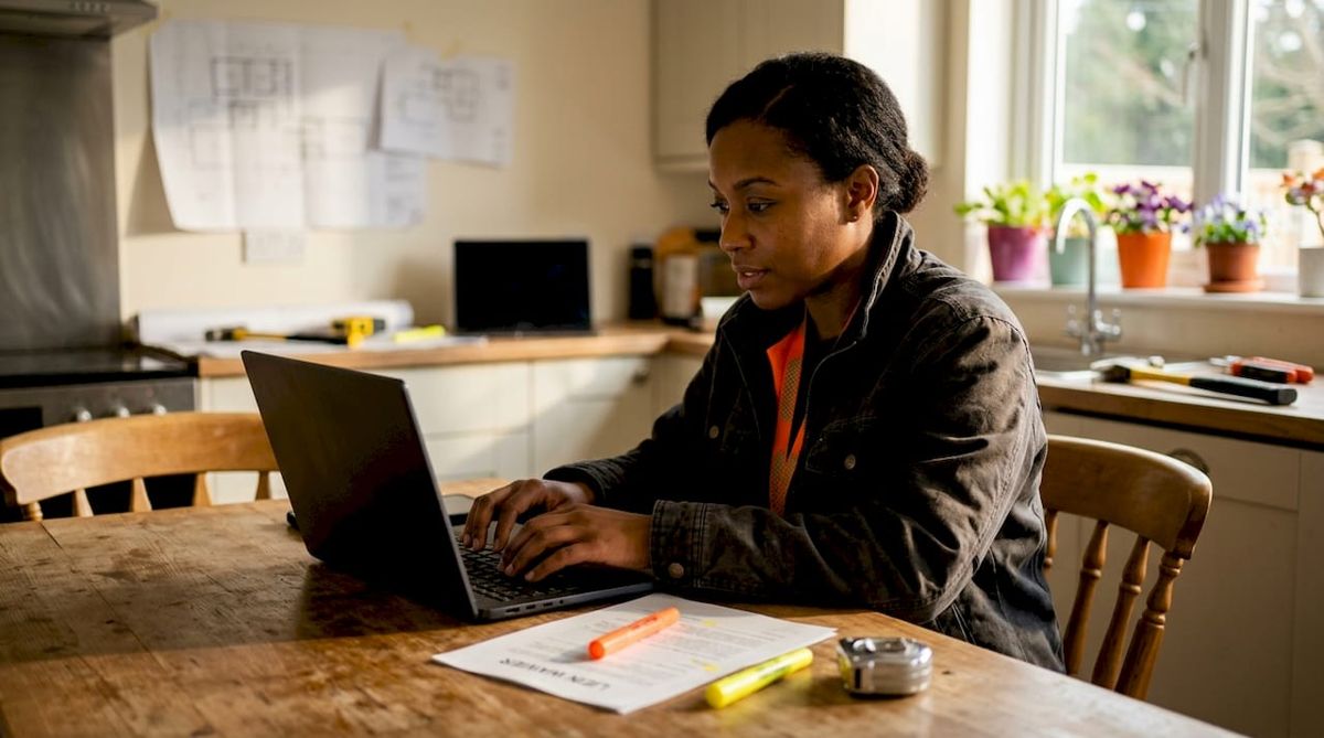 Contractor checking lien waiver details on laptop