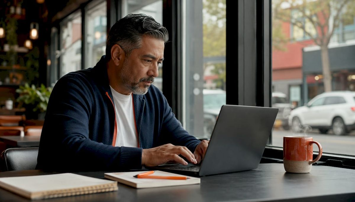 Man using laptop at home office for LMS evaluation