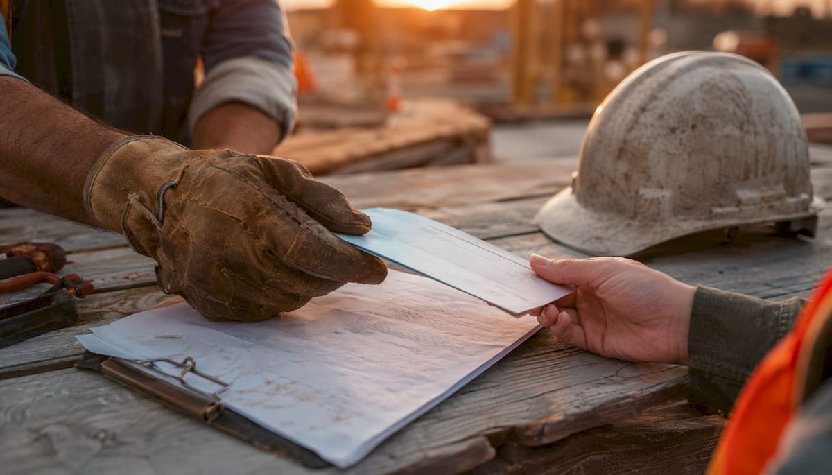 Hands exchanging joint check and contract
