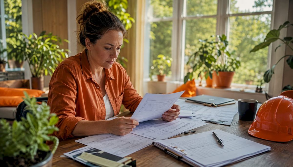 Hands sorting construction permit and billing documents