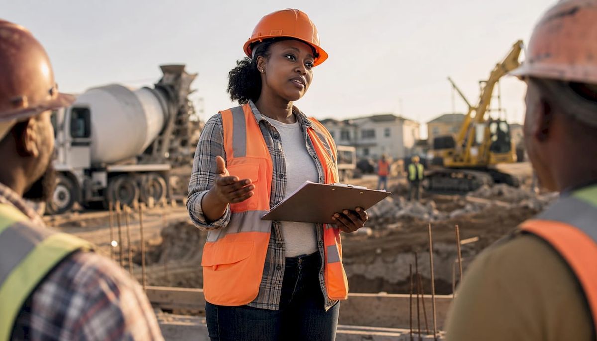 Forewoman inspecting construction site with checklist