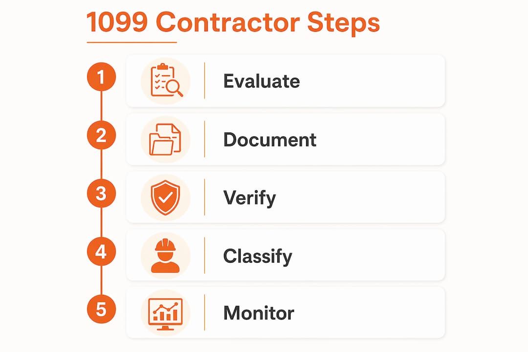 Infographic illustrating five steps to classify 1099 contractors