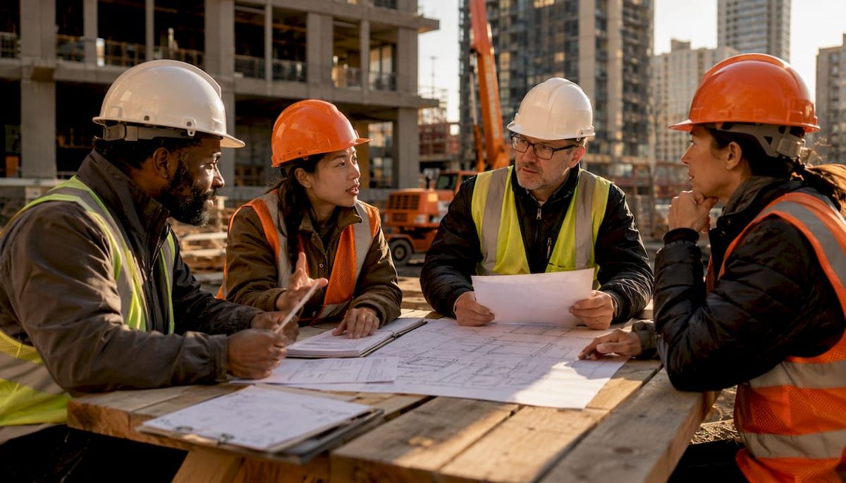 Team discussing construction admin workflow