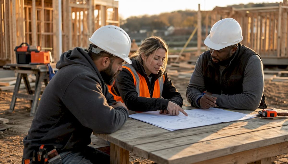 Contractors reviewing blueprints at framing stage