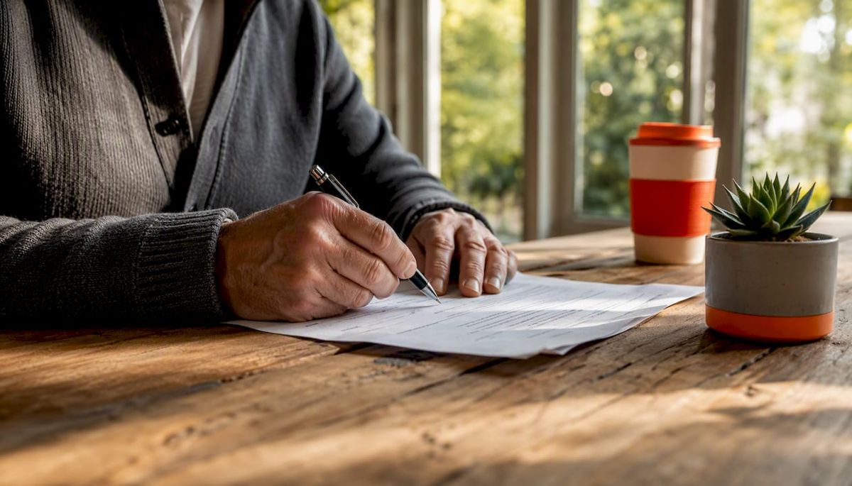 Hands signing legal Notice of Completion paper