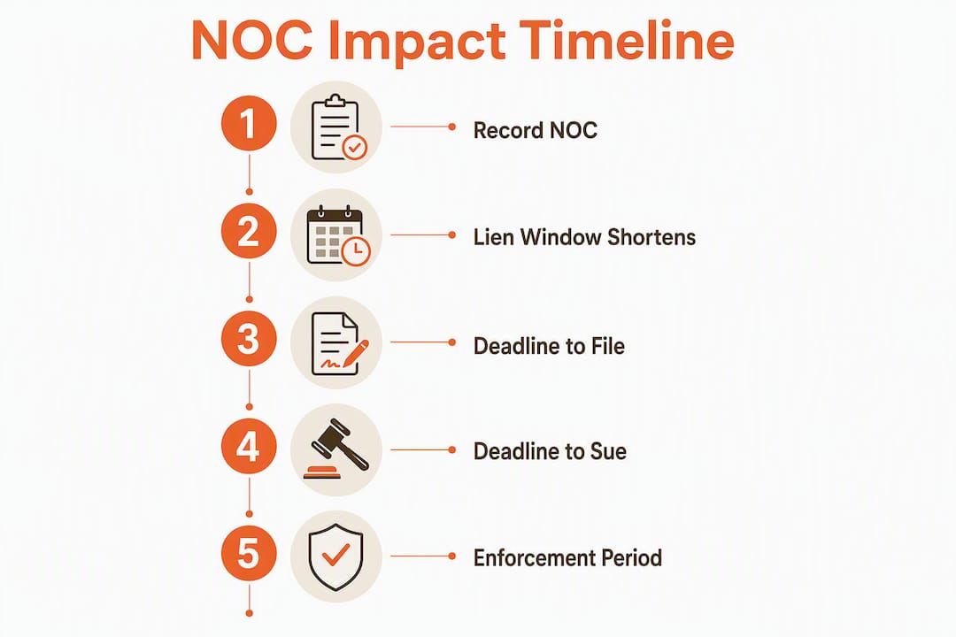 Vertical flow infographic showing NOC impact on lien deadlines