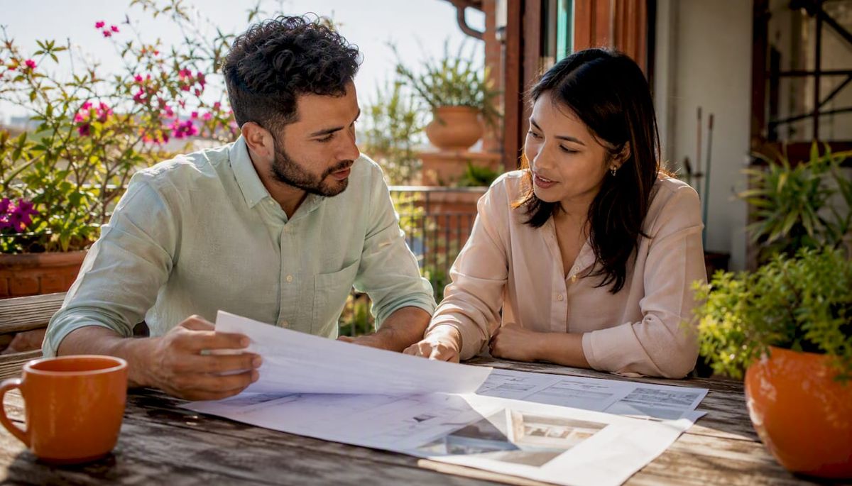 Man and woman discussing remodeling payment schedule