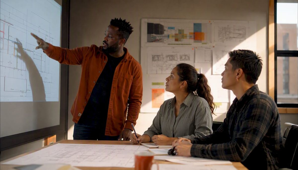 Contractors collaborating on data pipeline diagrams