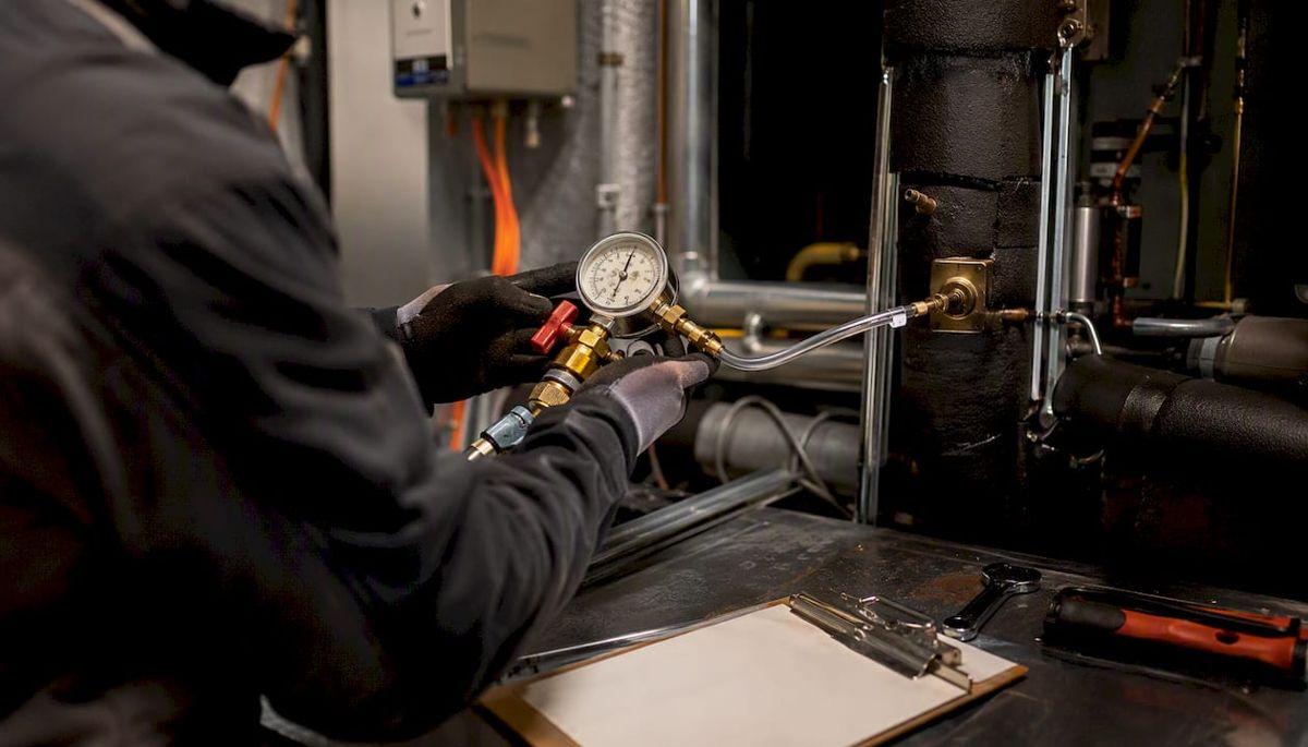 Hands adjusting HVAC commissioning pressure gauge