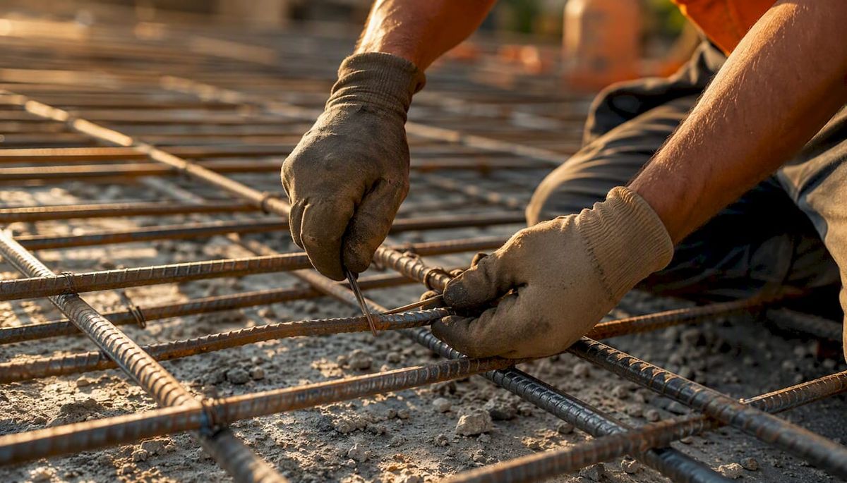 Hands tying rebar on construction foundation