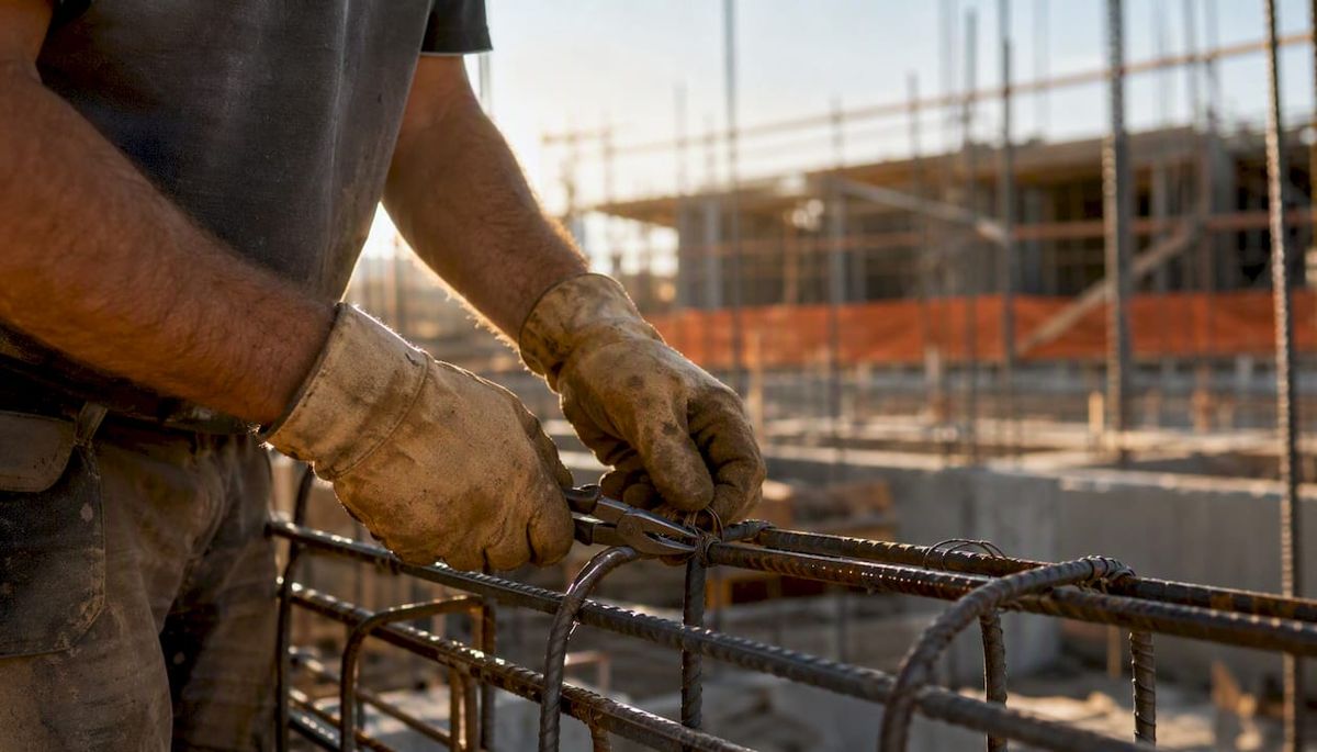 Hands tying rebar wire at construction site